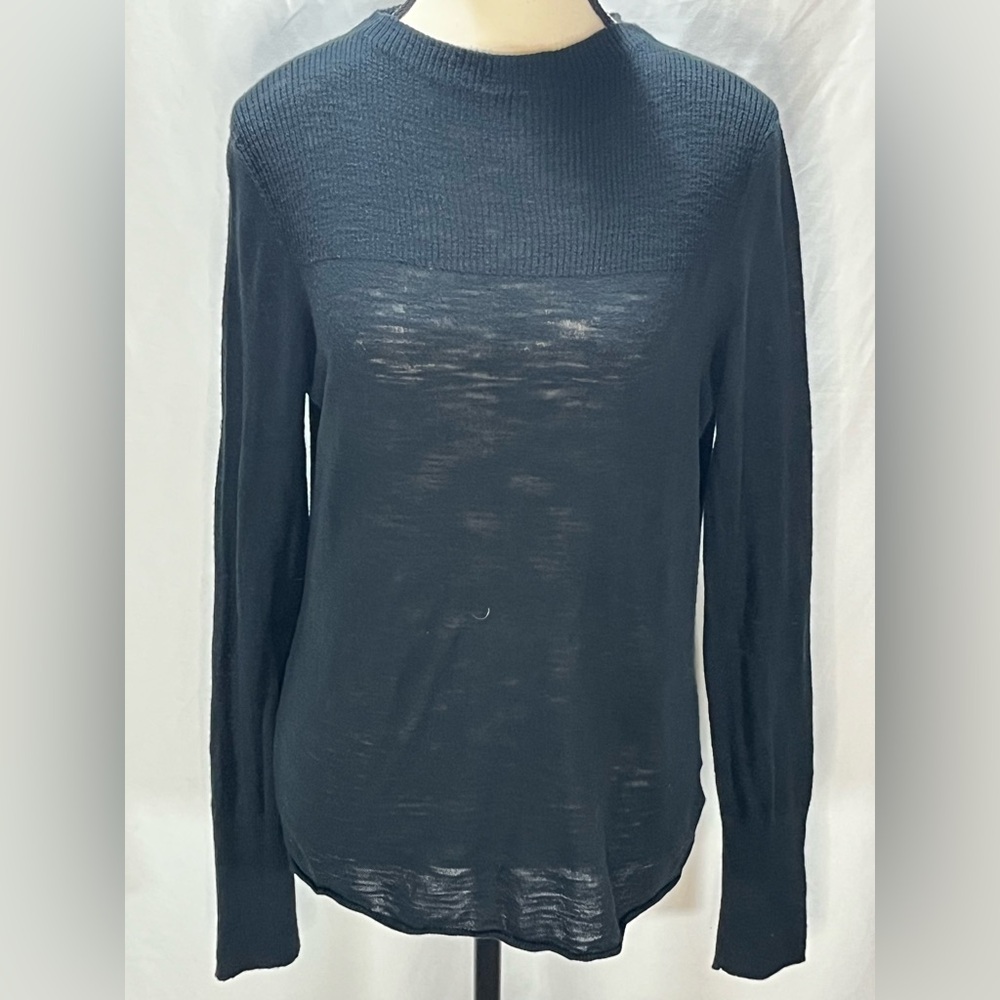 360 Sweater Sheer Rib Knit Mock Neck Sweater w/ Beige Stripe On Back